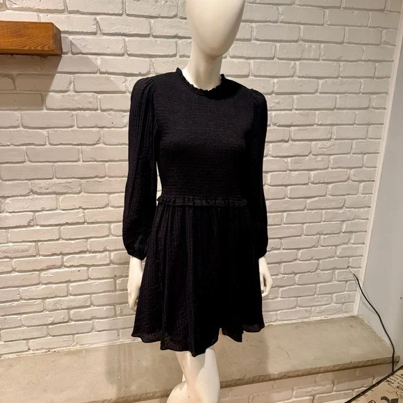 NWT Gianni Bini Black Smocked Mini Dress M Long Sleeve Boho Ruffle Flowy Chic - Picture 2 of 9